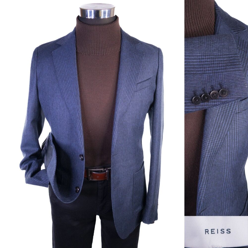 REISS Blazer Sport Coat Sz 36R Wool/Linen Plaid Two Button Blue Jacket